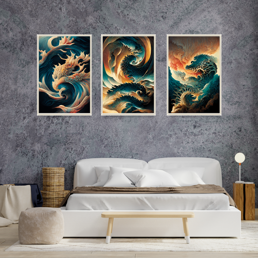 Stormy Ocean Wall Art Prints | Hokusai Dragon Set of 3 Great Wave Ocean Prints
